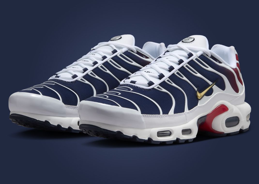 Nike Air Max Plus PSG “Home Kit” — White / Midnight Navy / University Red / Metallic Gold · 2024 edition