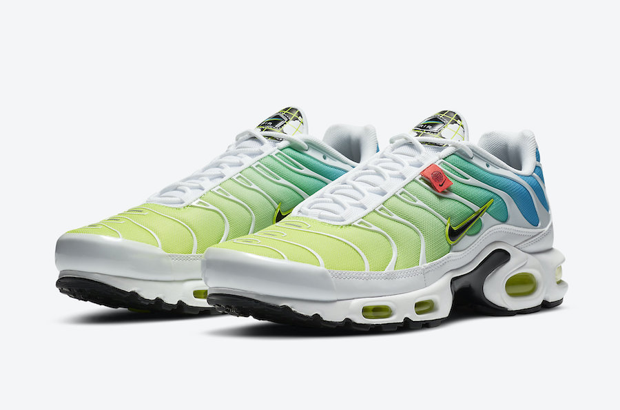Nike Air Max Plus “Worldwide” — White / Blue Fury / Black / Volt · 2020 edition